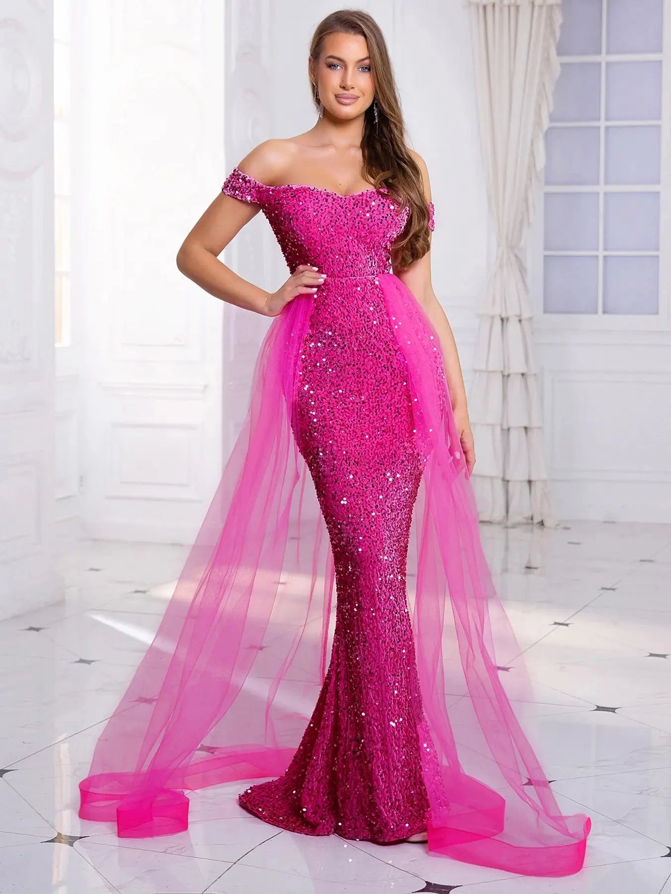 Sequins Off The Shoulder Mesh Side Skirt Long Dresses