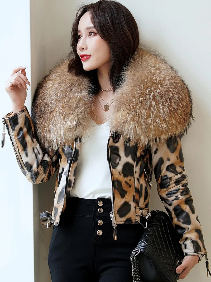 Genuine Leather Jacket Leopard Print Big Fur Collar