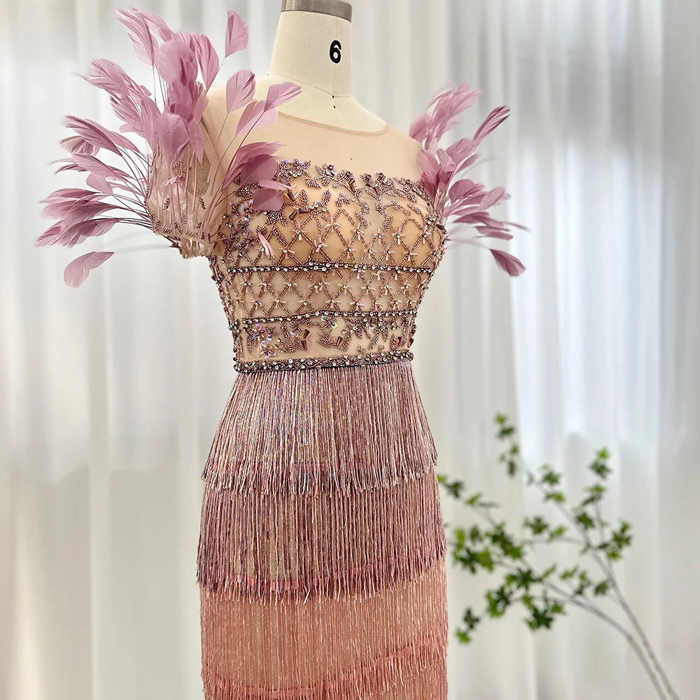 Lilac Shoulder Feathers Tassel Long Dress