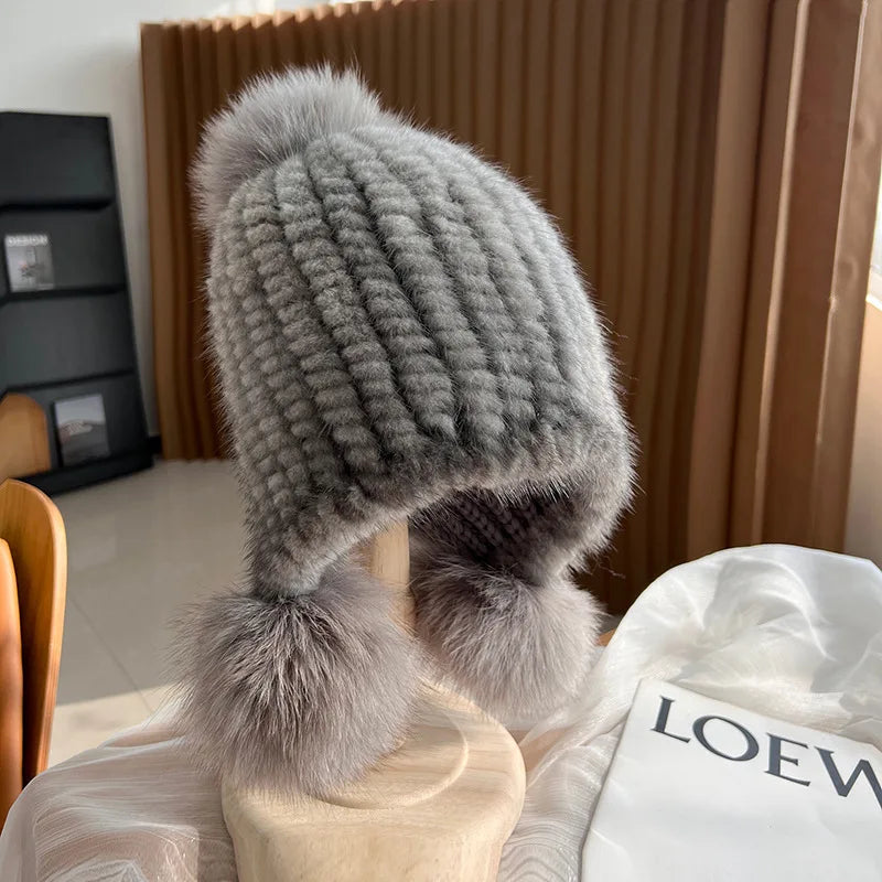 Knitted Spiral Real Mink Fur Beanies Cap Fur Pompom