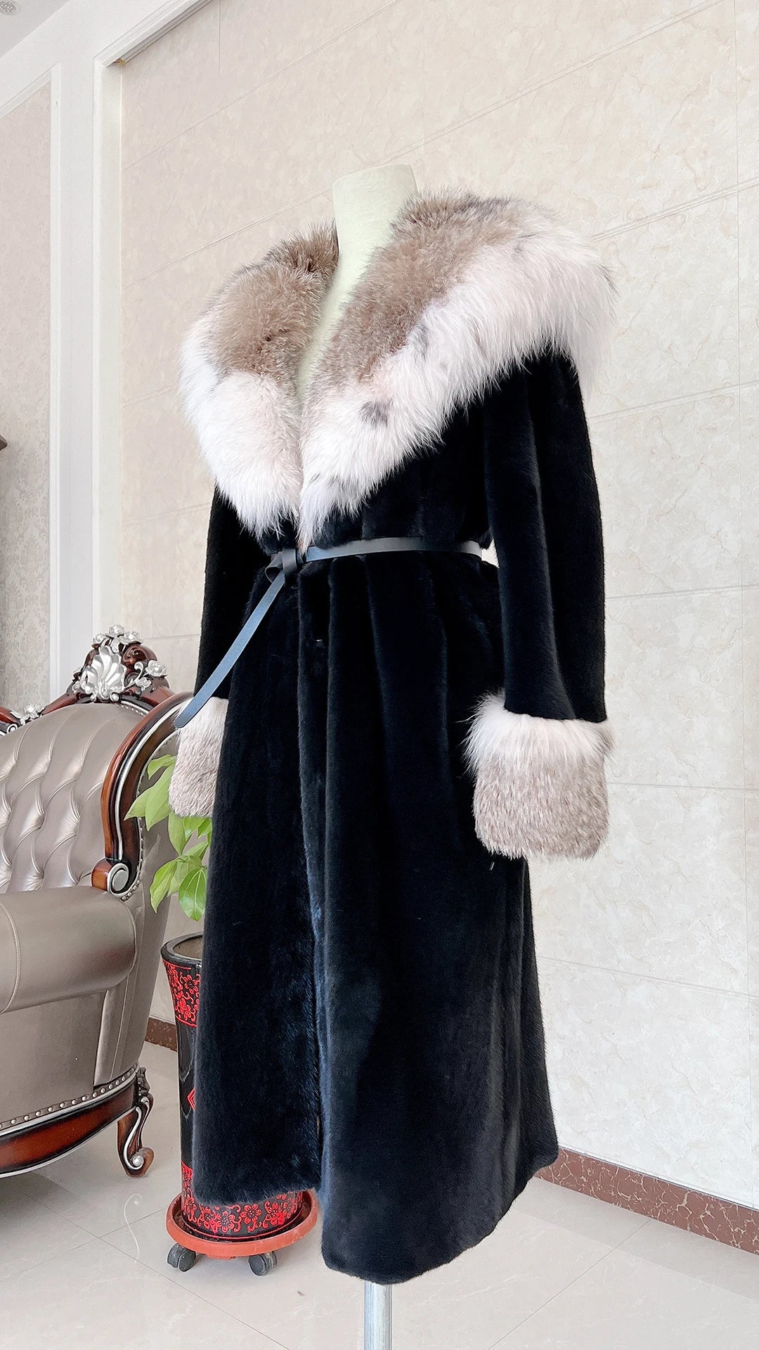 Luxury Lynx Collar Real Mink Fur Coats X-Long