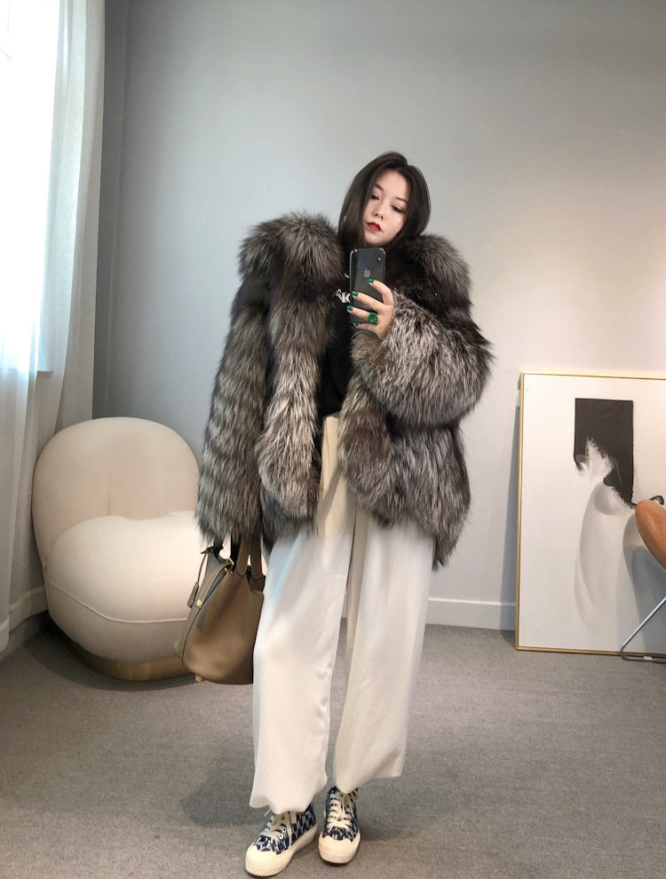 Luxury Dark Silver Real Fur Hooded Coat