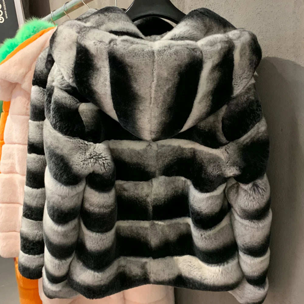 Chinchilla Style Real Rabbit Fur Coat Hooded Elevate Swag