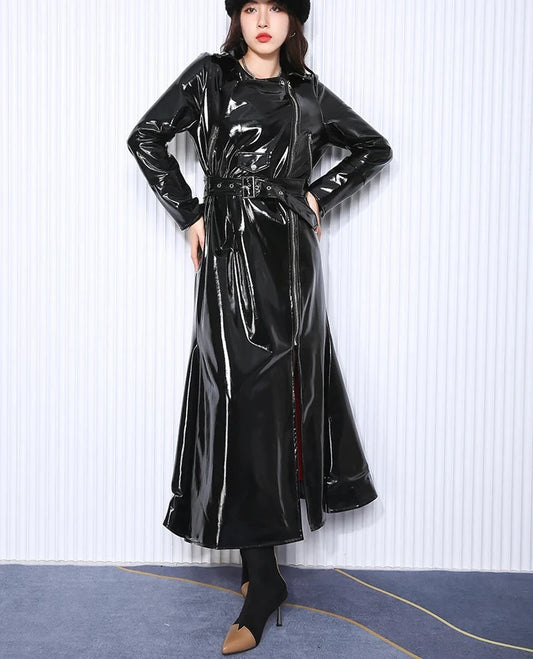 Long Shiny PU Patent Leather Trench Coat