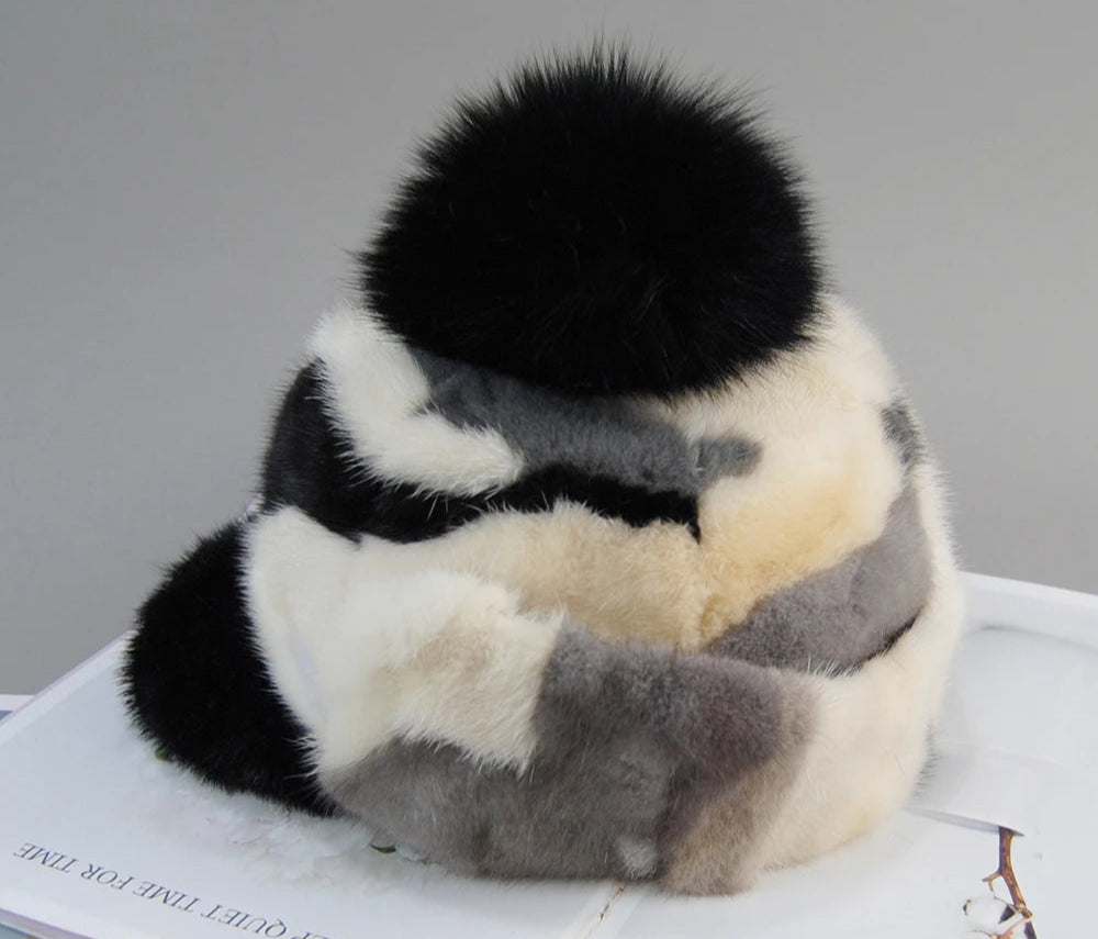 Colorful Real Mink Fur Bomber Hats Fur Pompom