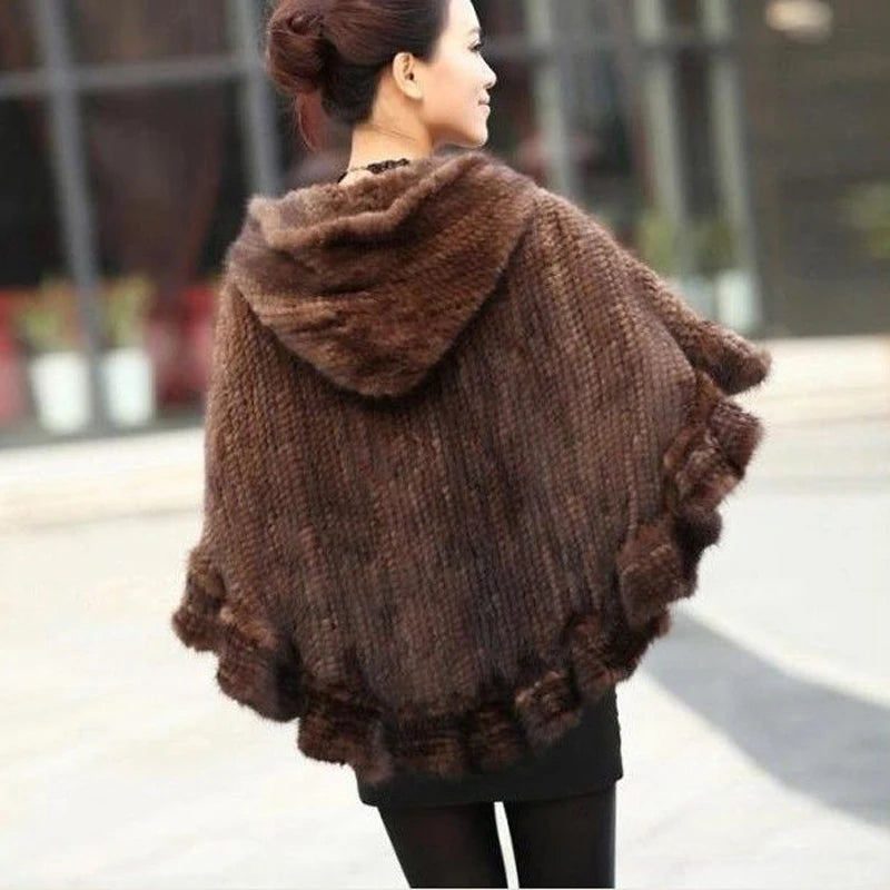 Knitted Real Mink Fur Hooded Ponchos