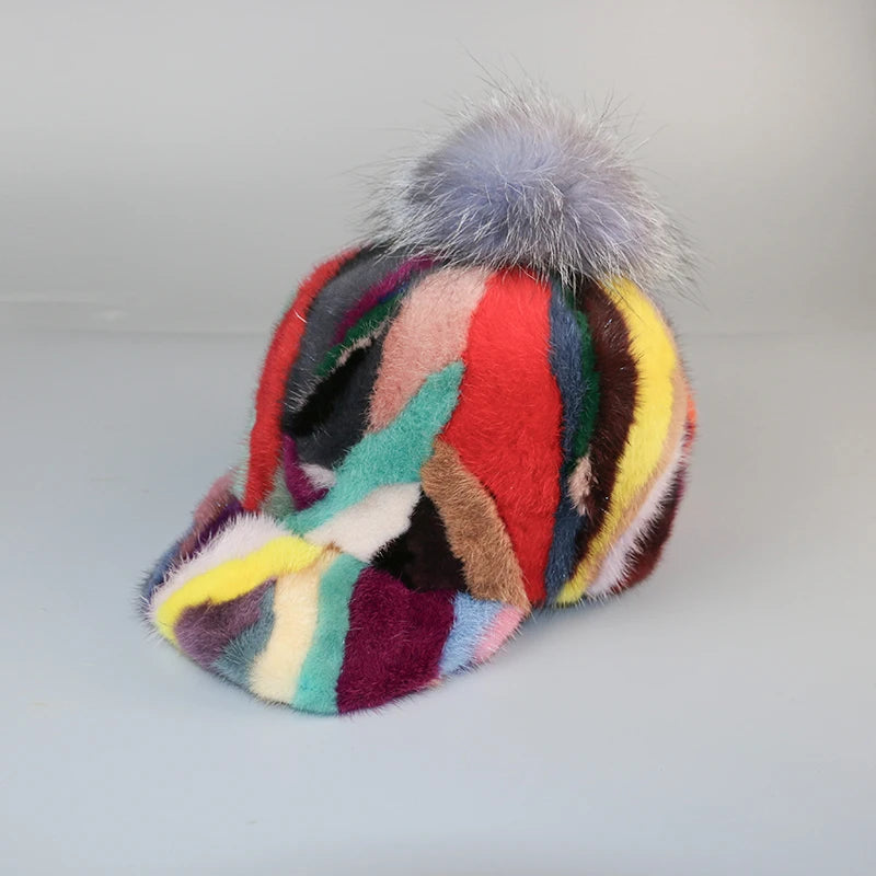 Colorful Real Mink Fur Bomber Hats Fur Pompom