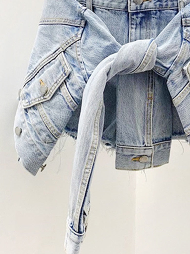 Jacket Tie Style Irregular Denim Shorts