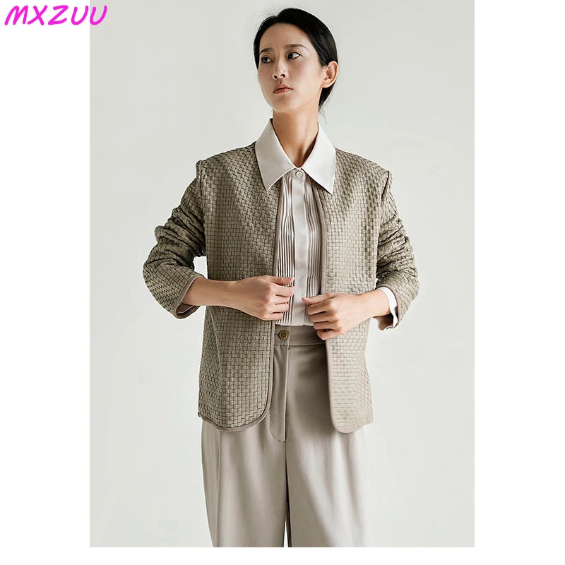Genuine Leather Jacket Women Autumn 2025 Stylish Vintage Hand-Woven Sheepskin Chaqueta Mujer O-Neck Cardigan Plaid Coat Outwear