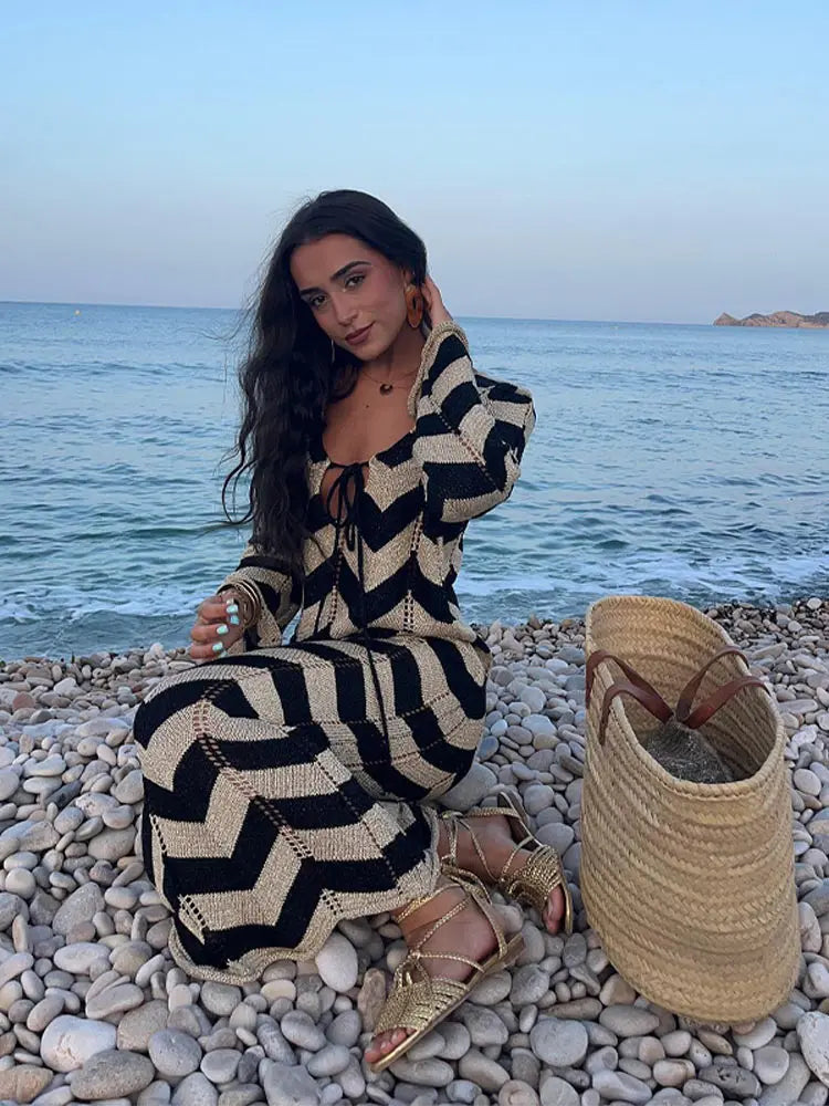 Striped Knitted Long Sleeve Long Dress