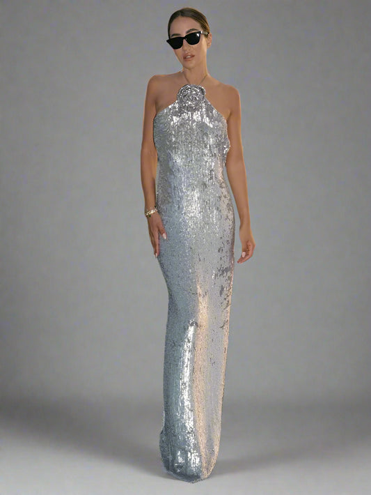 3D Flower Silver Sequin Halter Backless Long Dress