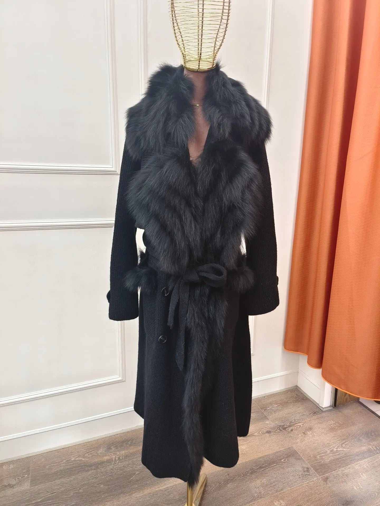 Real Fur Knitted Collar Long Wool Coats