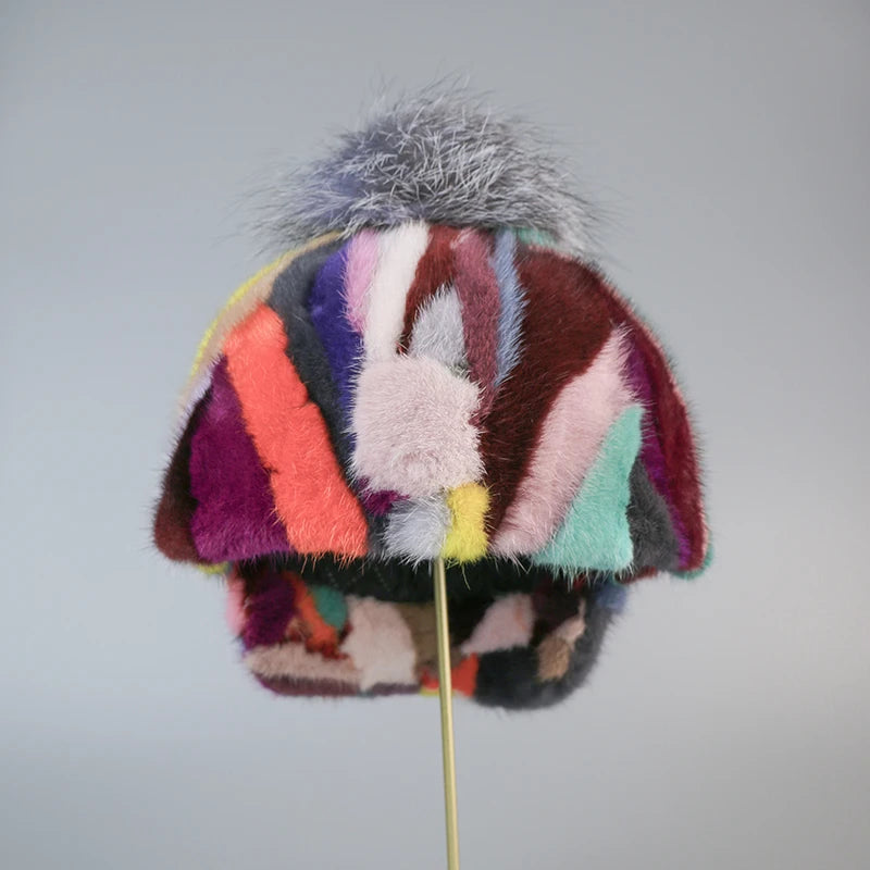 Colorful Real Mink Fur Bomber Hats Fur Pompom