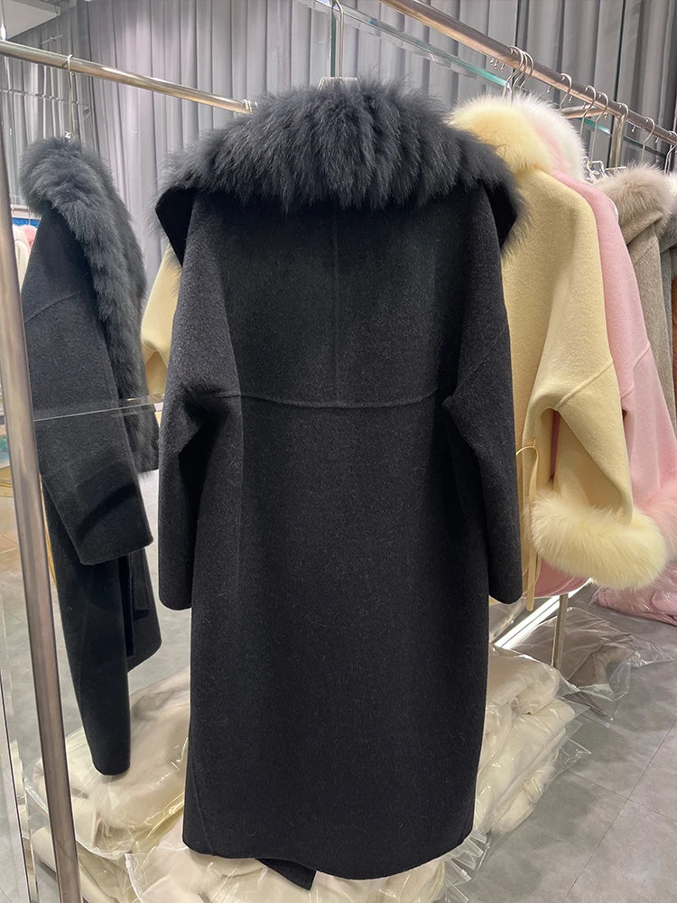 Cashmere Wool Long Coats Real Fur Collar