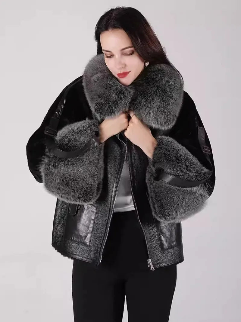 Genuine Leather Shearling Sleeve Real Fur Coats