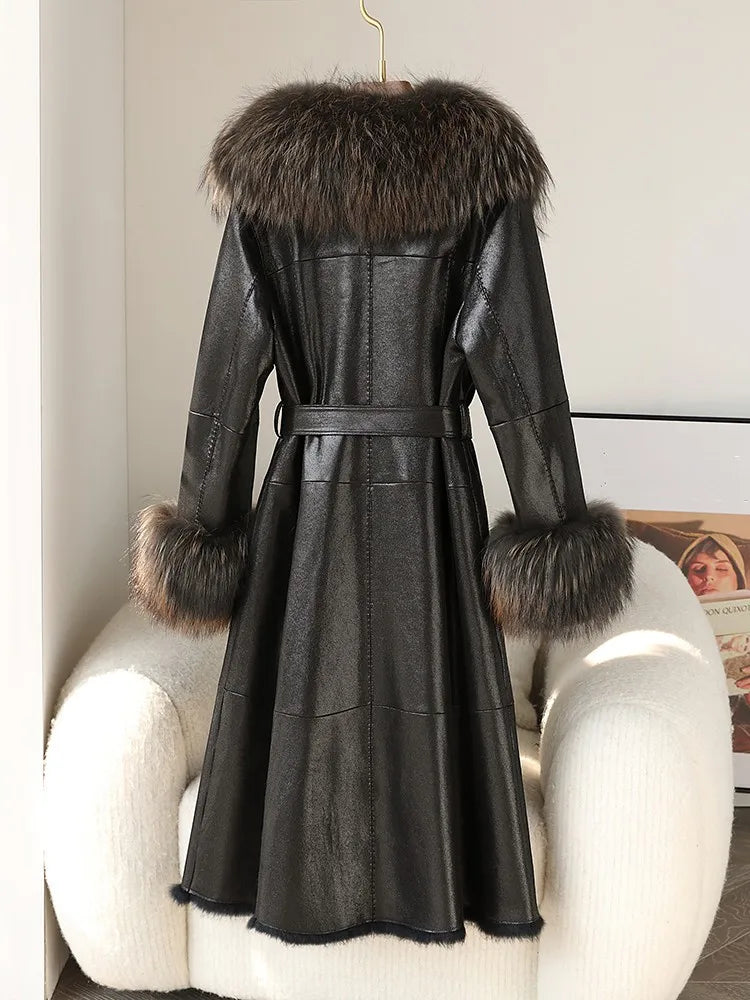 Genuine Leather Long Coats Real Fur Lining Collar& Cuffs