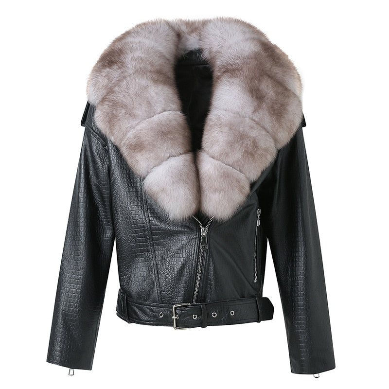 Reptile Genuine Leather Jacket Real Fox Fur Collar