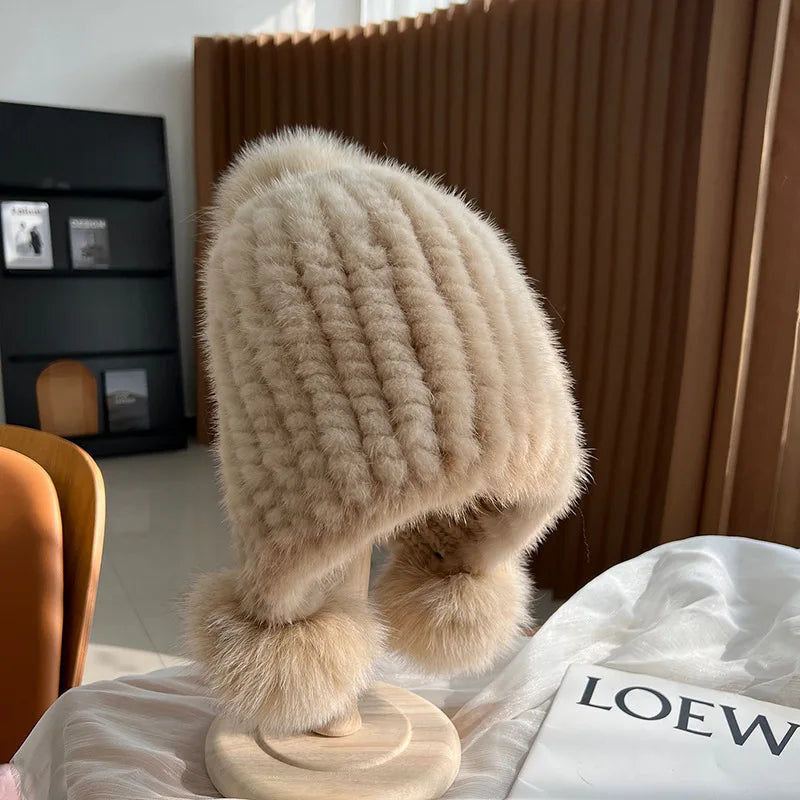 Knitted Spiral Real Mink Fur Beanies Cap Fur Pompom