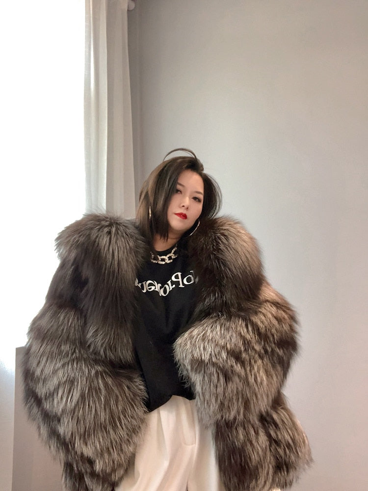 Luxury Dark Silver Real Fur Hooded Coat