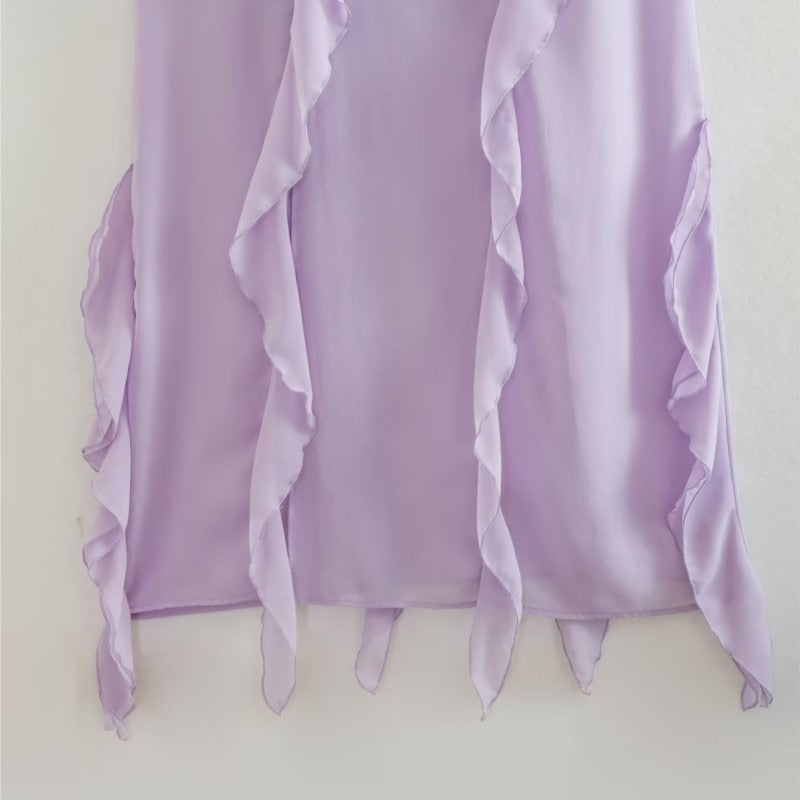 Ruffle Suspender Lace Up Side Slit Maxi Dress