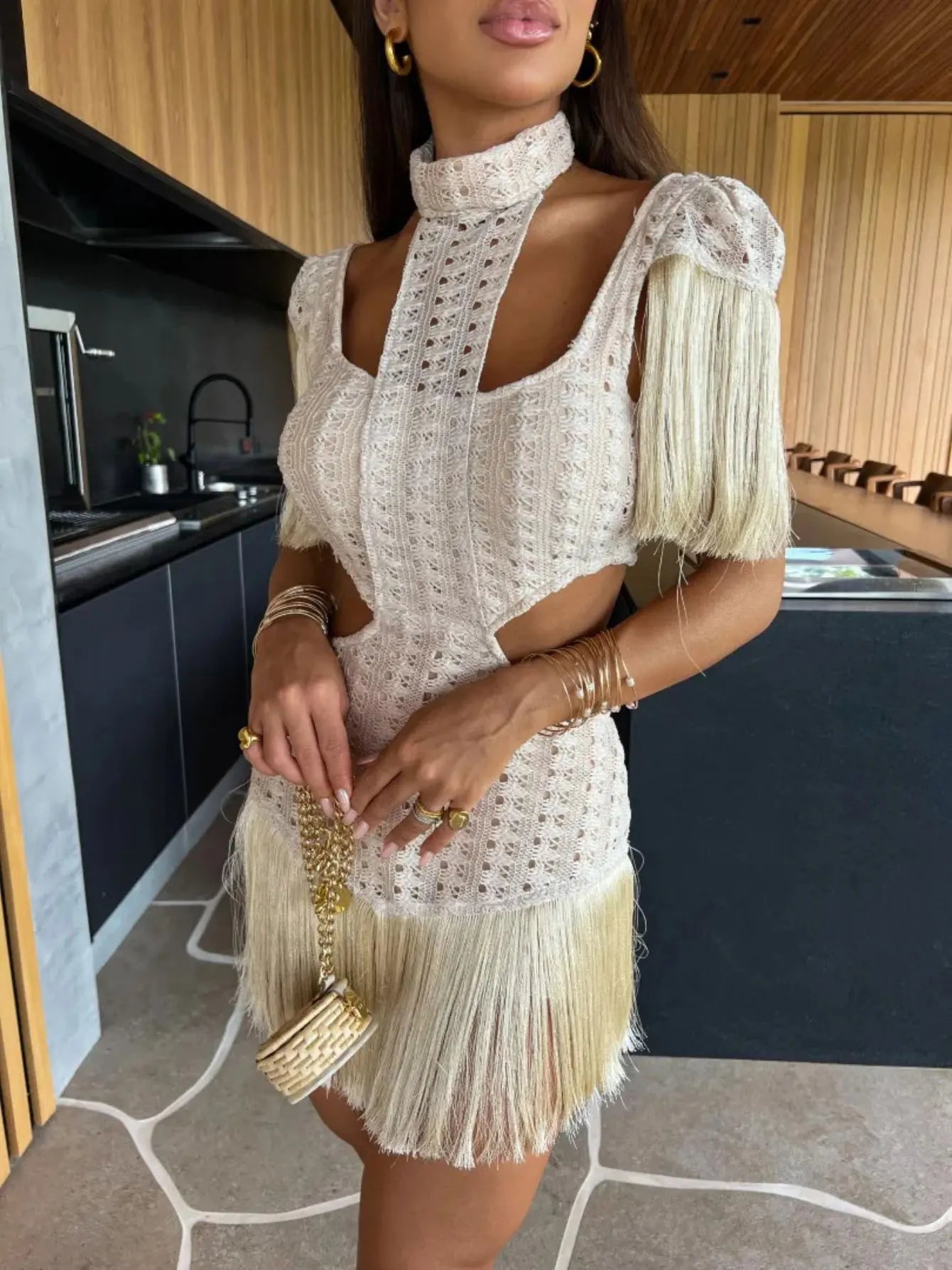 Knitted Turtleneck Tassel Hollow Mini/Long Dresses