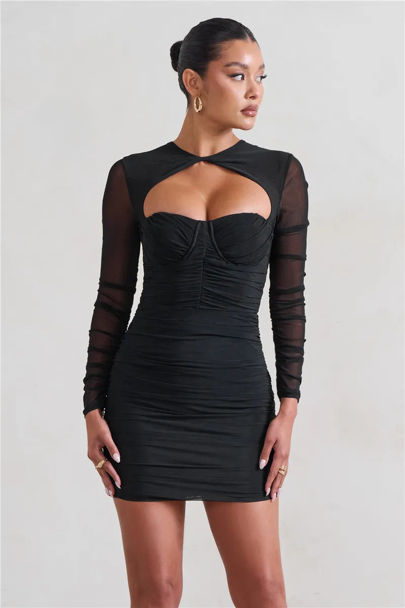 Two Layer Mesh Long Sleeve Ruched Mini Dresses