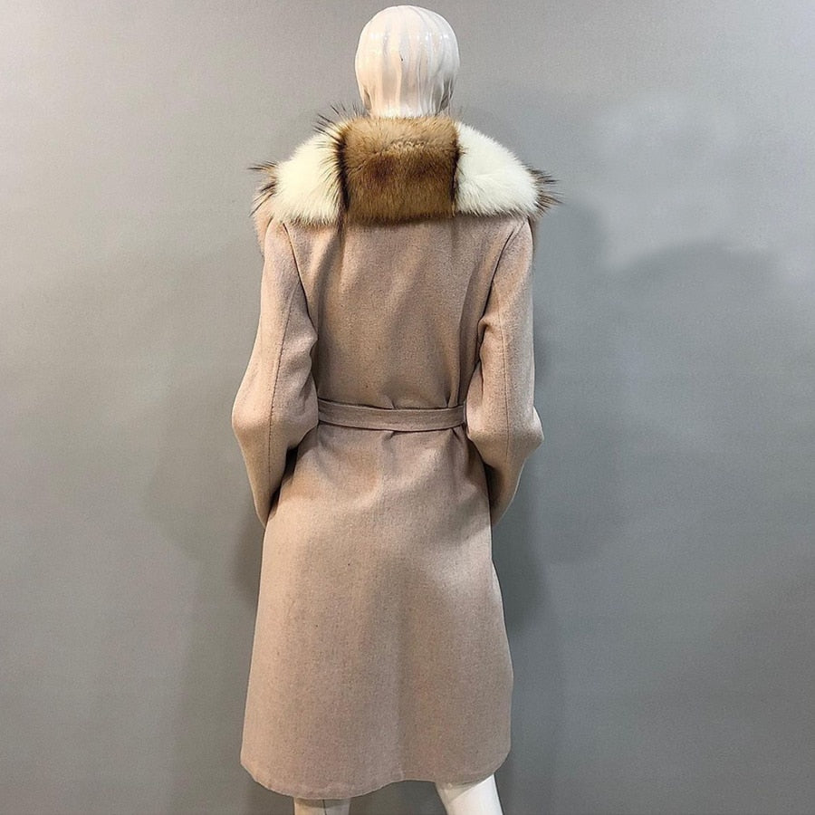 Cashmere Wool Coats Multi Real Fur Long Collar