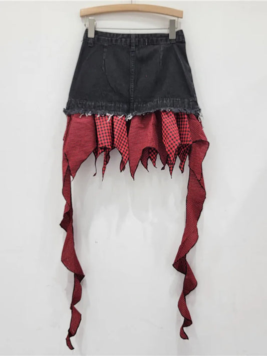 Denim Spliced Irregular Ruffles Mini Skirt