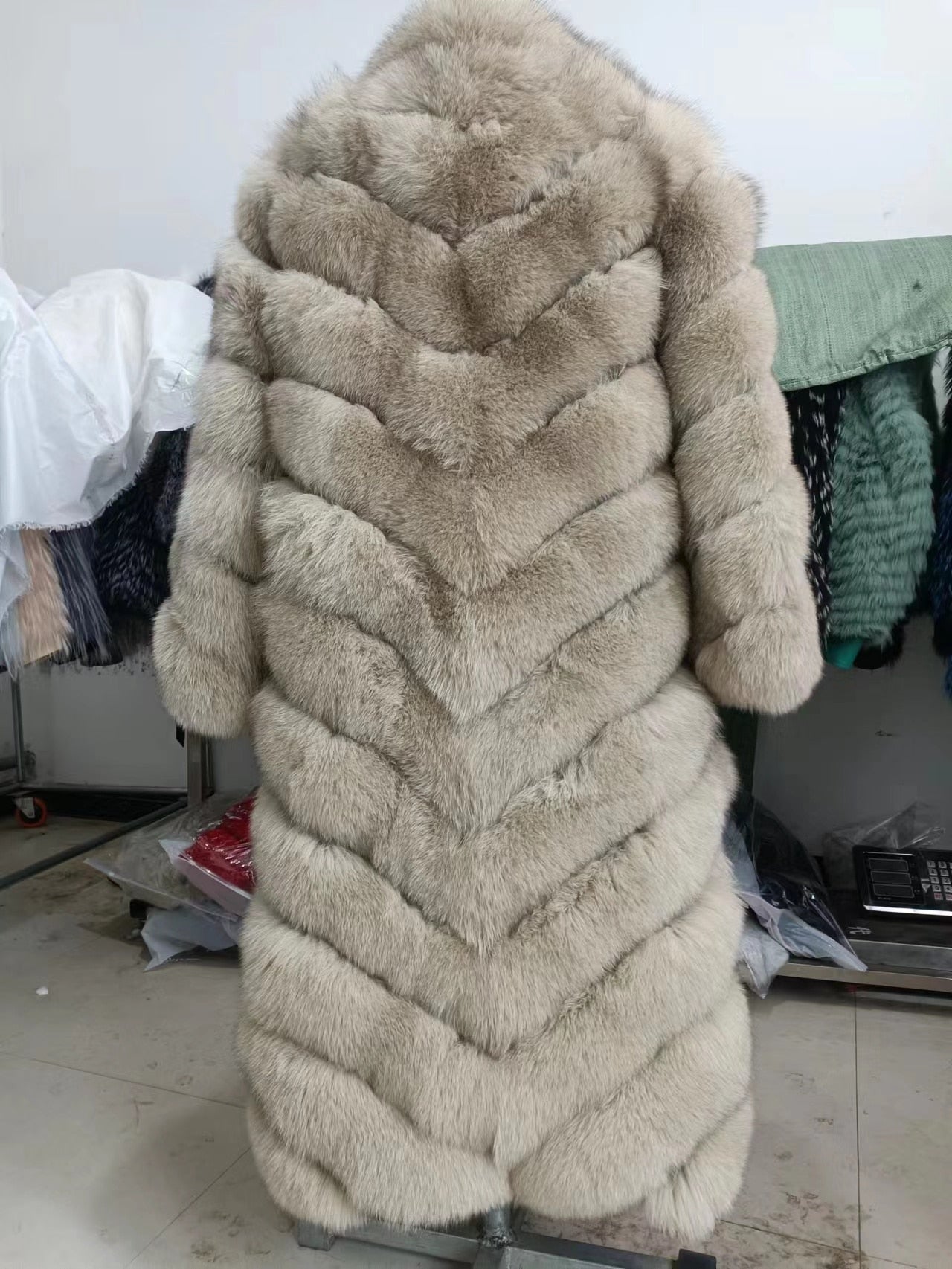 Striped Color Pattern Real Fox Fur Coats  X-Long