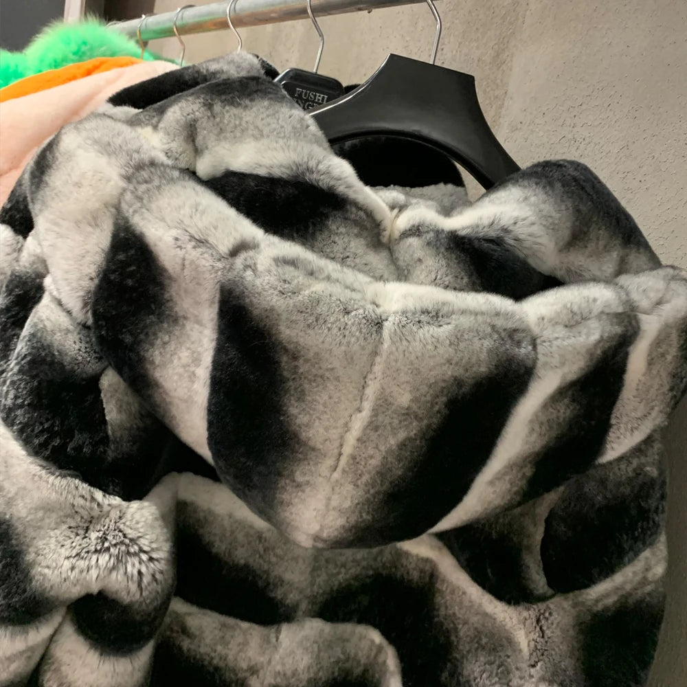Chinchilla Style Real Rabbit Fur Coat Hooded