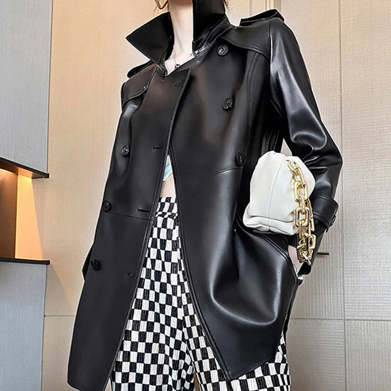 Sheepskin Coat Women's Winter New Fashion Lapel Double-Breasted Belt Waist Closing Medium to Long Genuine Leather Jacket Trench