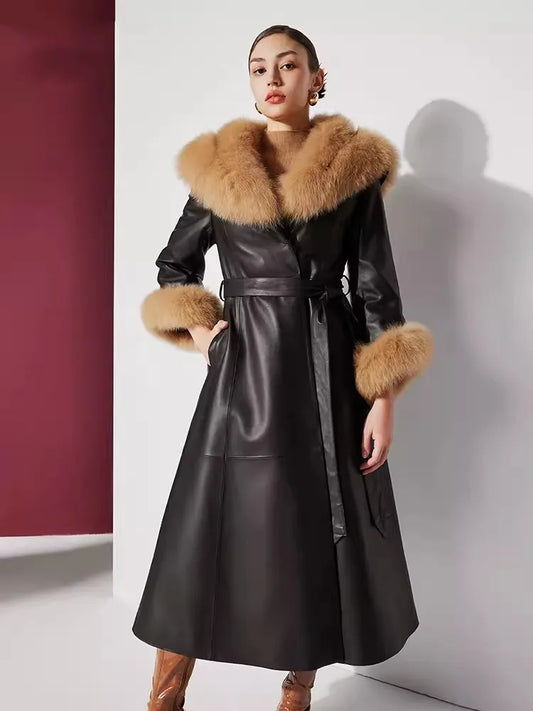 Genuine Leather X-Long Down Coat Real Fur Collar Cuffs