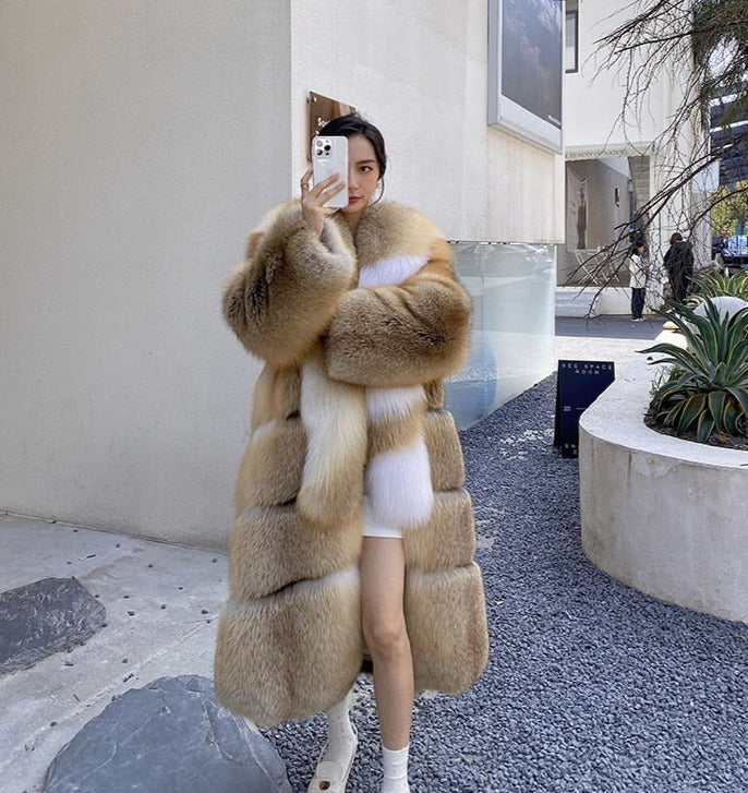 Long Thick Collar Real Fox Fur X-Long Coats