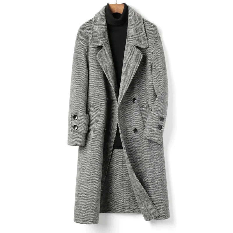 Herringbone Pattern Double-breasted Woolen Coat