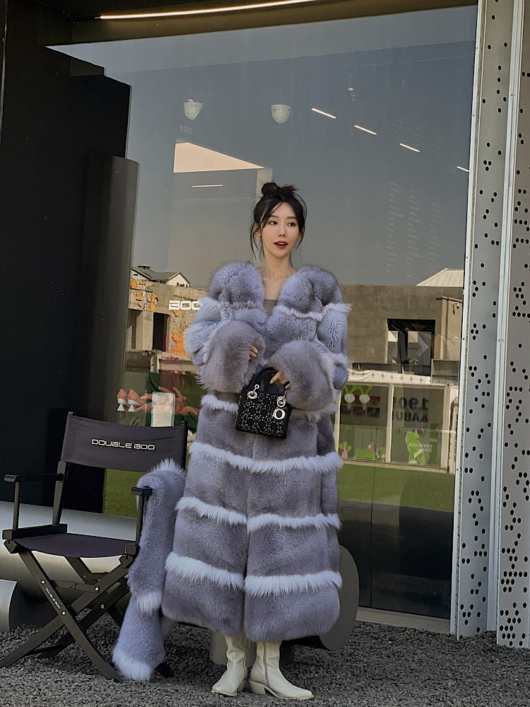 Luxury X-Long Fur Coat Detachable Big Fur Collar