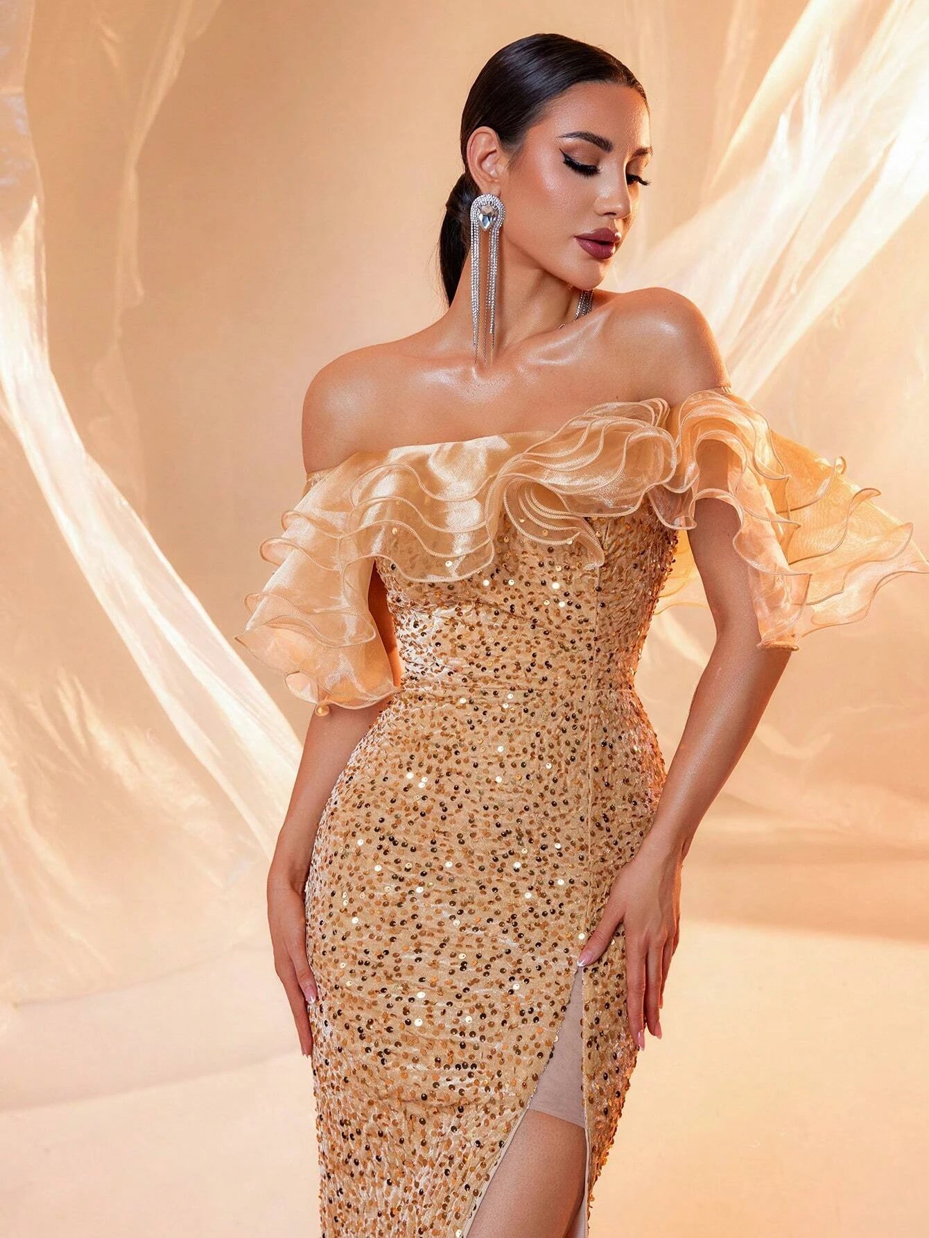 Off-Shoulder Sequin Slit Long Mermaid Dress