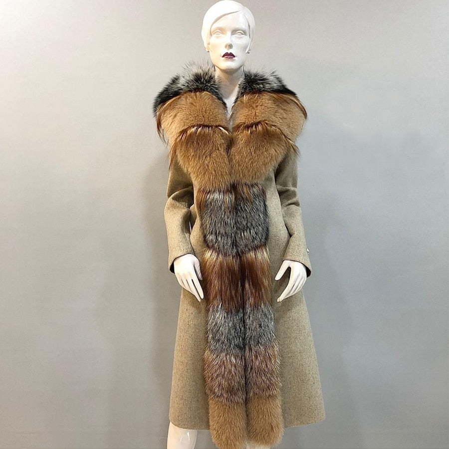 Cashmere Wool Coats Multi Real Fur Long Collar