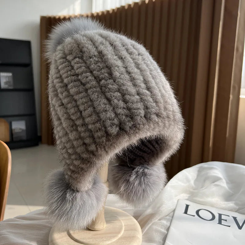 Knitted Spiral Real Mink Fur Beanies Cap Fur Pompom