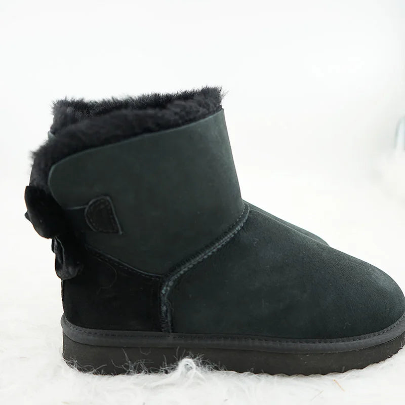 Genuine Leather Snow Boots Velvet Back Bow