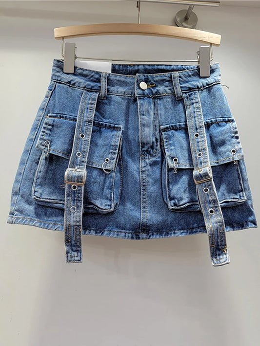 Denim Bandage Cargo Miniskirt Shorts