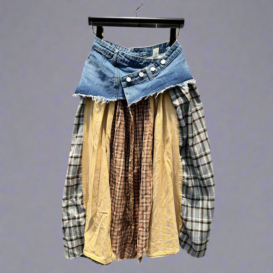 Long Plaid Patchwork Denim Skirts