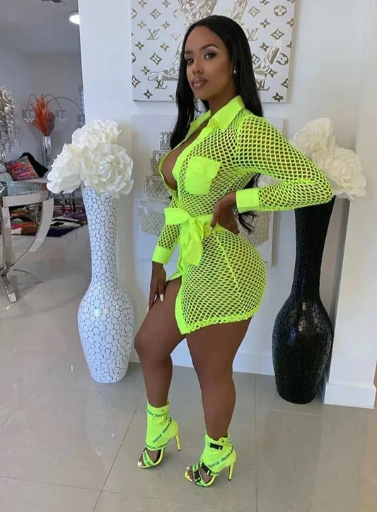 Neon Green Fishnet Mesh Bodycon Mini Dress