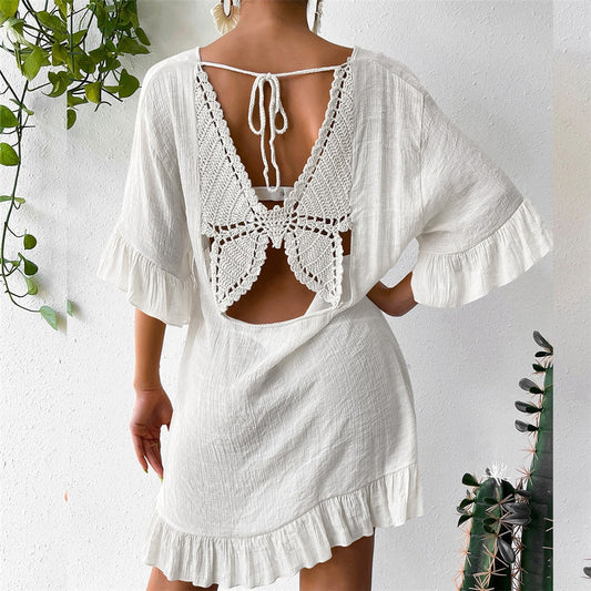 Butterfly Back Ruffled Half Sleeve Tunic Beach Cover Ups