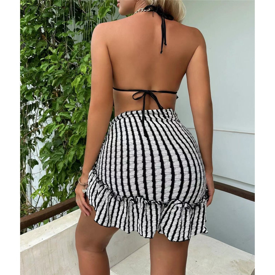 Striped Ruffled Sarong Bikini Set & Mini Skirt