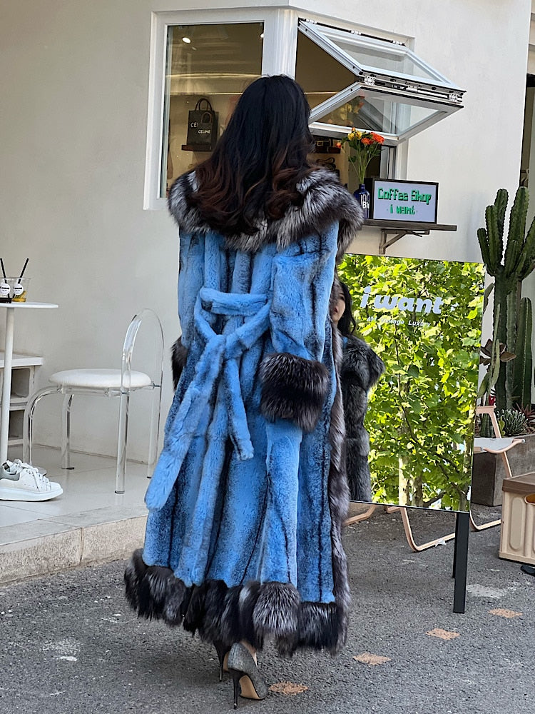 Luxury Real Rabbit Fur X-Long Coats Real Fur Lapel Collar