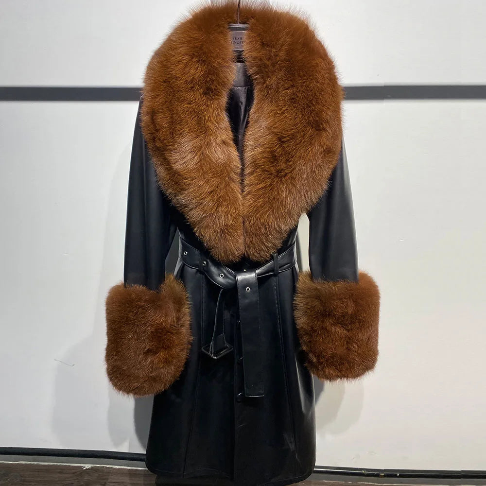 Genuine Leather Trench Coats Big Real Fur Collar Cuff