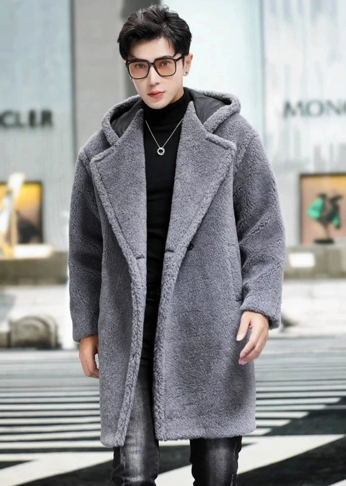 Cashmere Shearling Fur Hooded Long Wool Coat