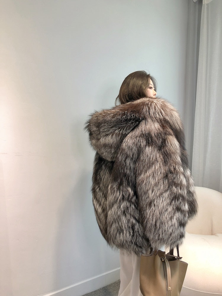 Luxury Dark Silver Real Fur Hooded Coat