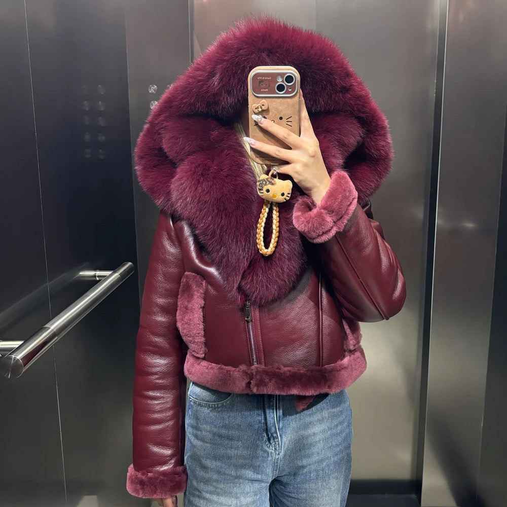 Genuine Leather Coat Shearling Liner Big Fur Collar Hooded