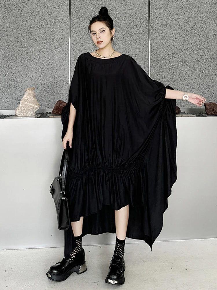 Black Pleated Irregular Loose Oversized Long Dress